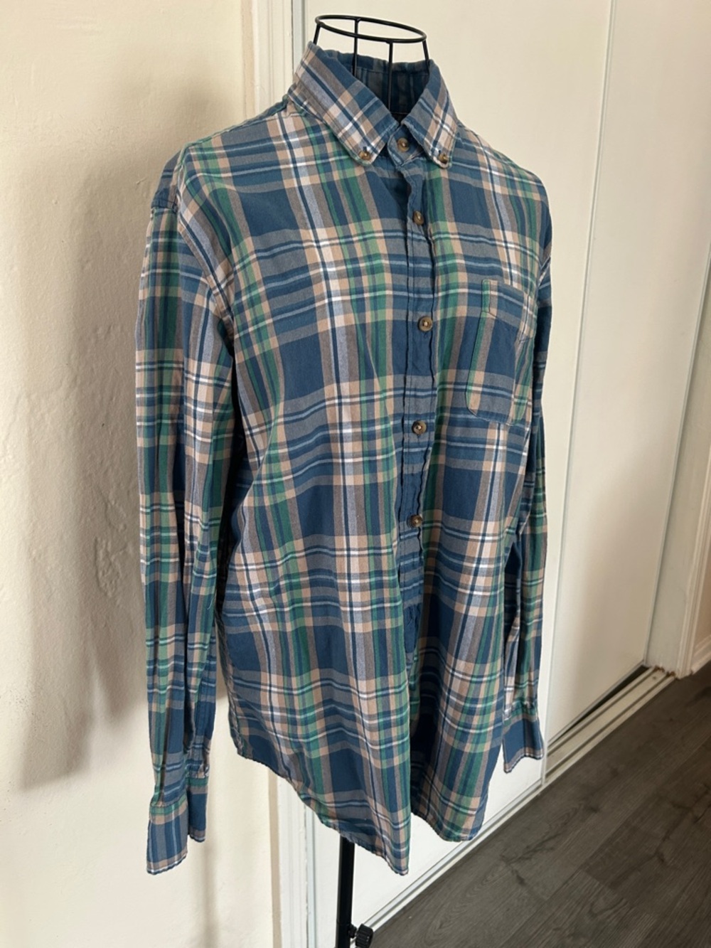 J. Crew Blue, Green and White Plaid Button-Down Shirt Size M